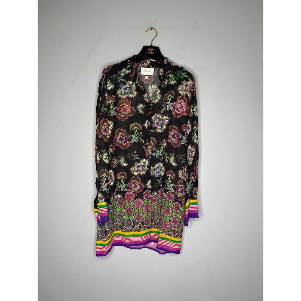 Alexis Women's Size Medium M Black Floral Button Down Shirt Mini Dress